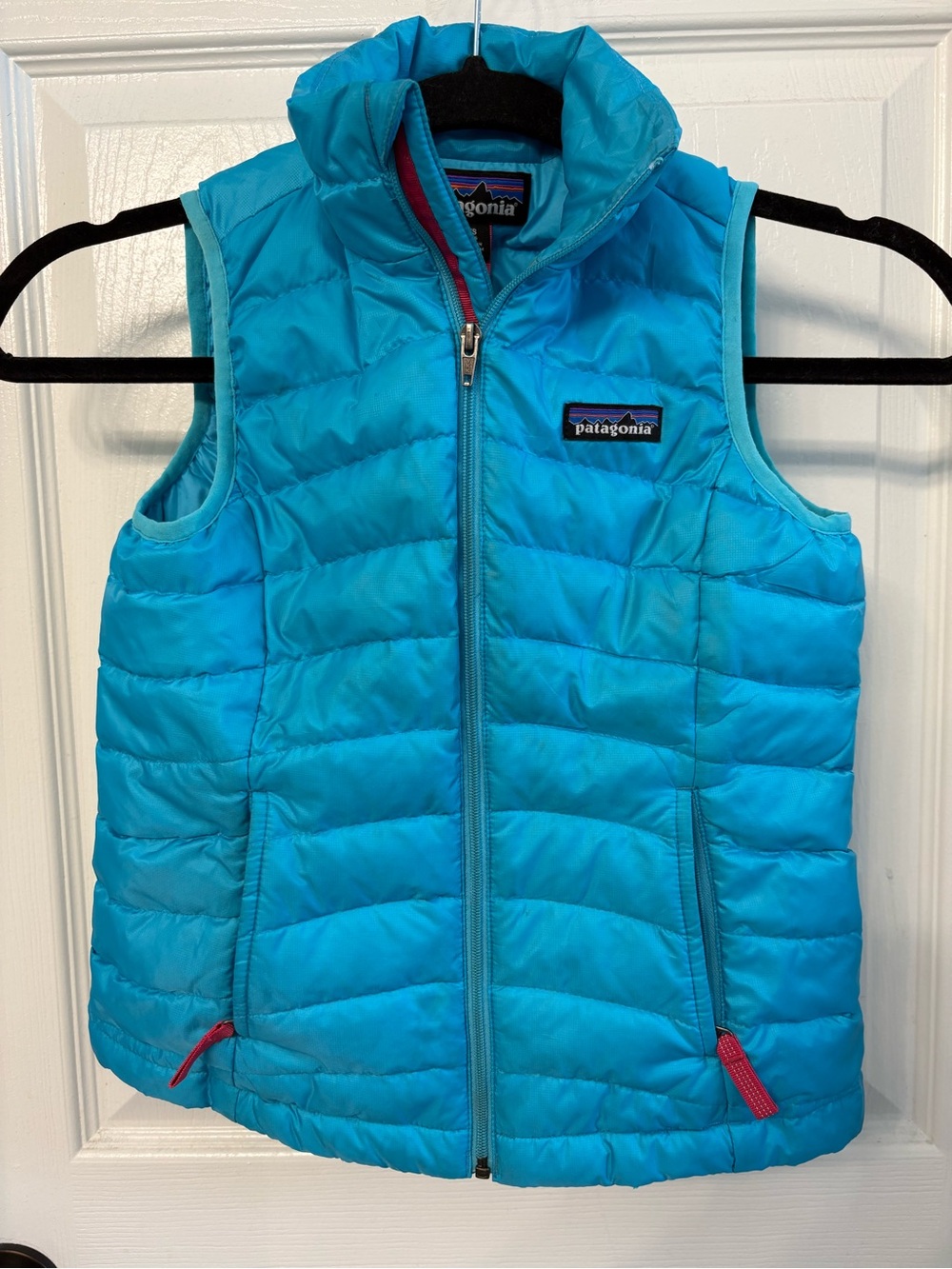 Patagonia Kids Aqua Blue Puffy Vest with Pink Accents